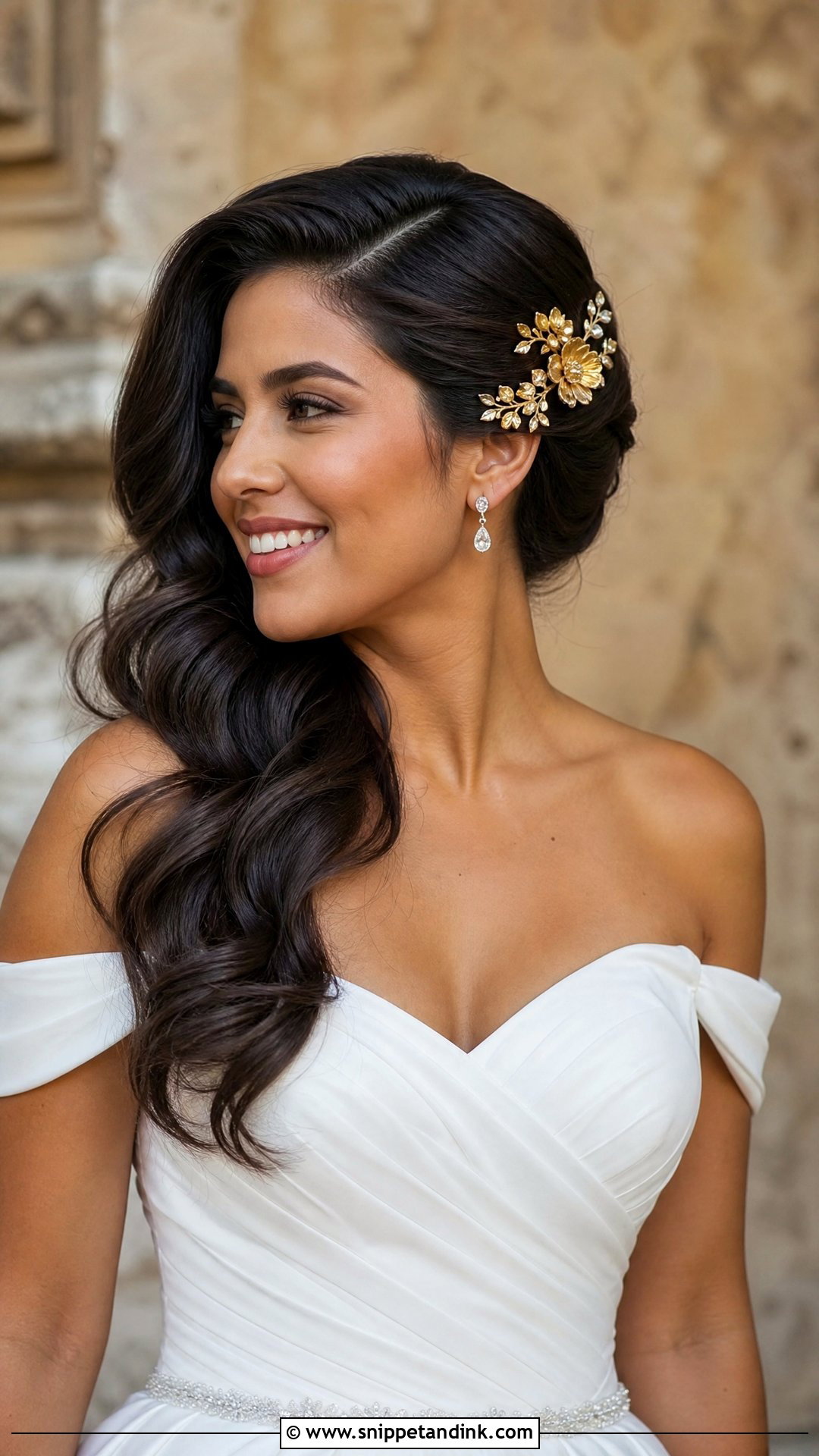 Gold Floral Barrette With Side Swept Hair - Snippet and Ink - 15 Gold Hair Accessories Wedding Ideas
