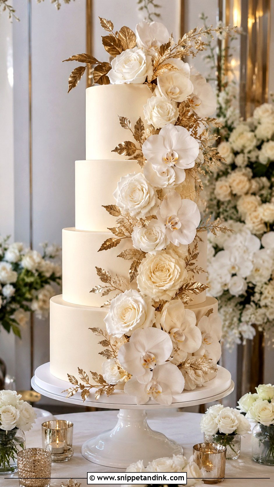 Gold Floral Cascade 4 Tier Wedding Cake - Snippet and Ink - 25 Elegant Gold 4 Tier Wedding Cake Ideas
