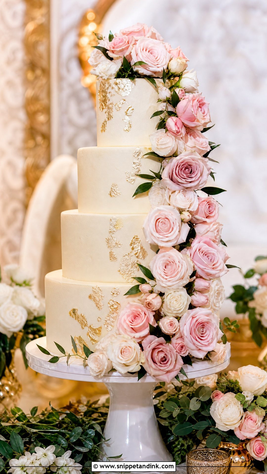 Gold Floral Cascade Wedding Cake - Snippet and Ink - 35 Gold Cake Ideas for Wedding