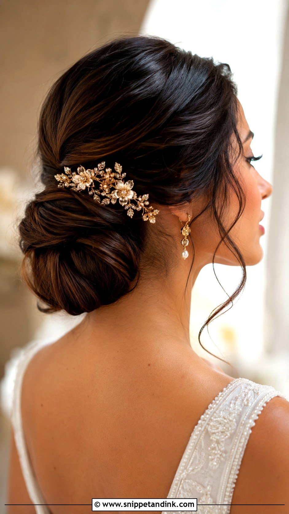 Gold Floral Comb With Low Chignon - Snippet and Ink - 20 Bridal Hair Comb Ideas