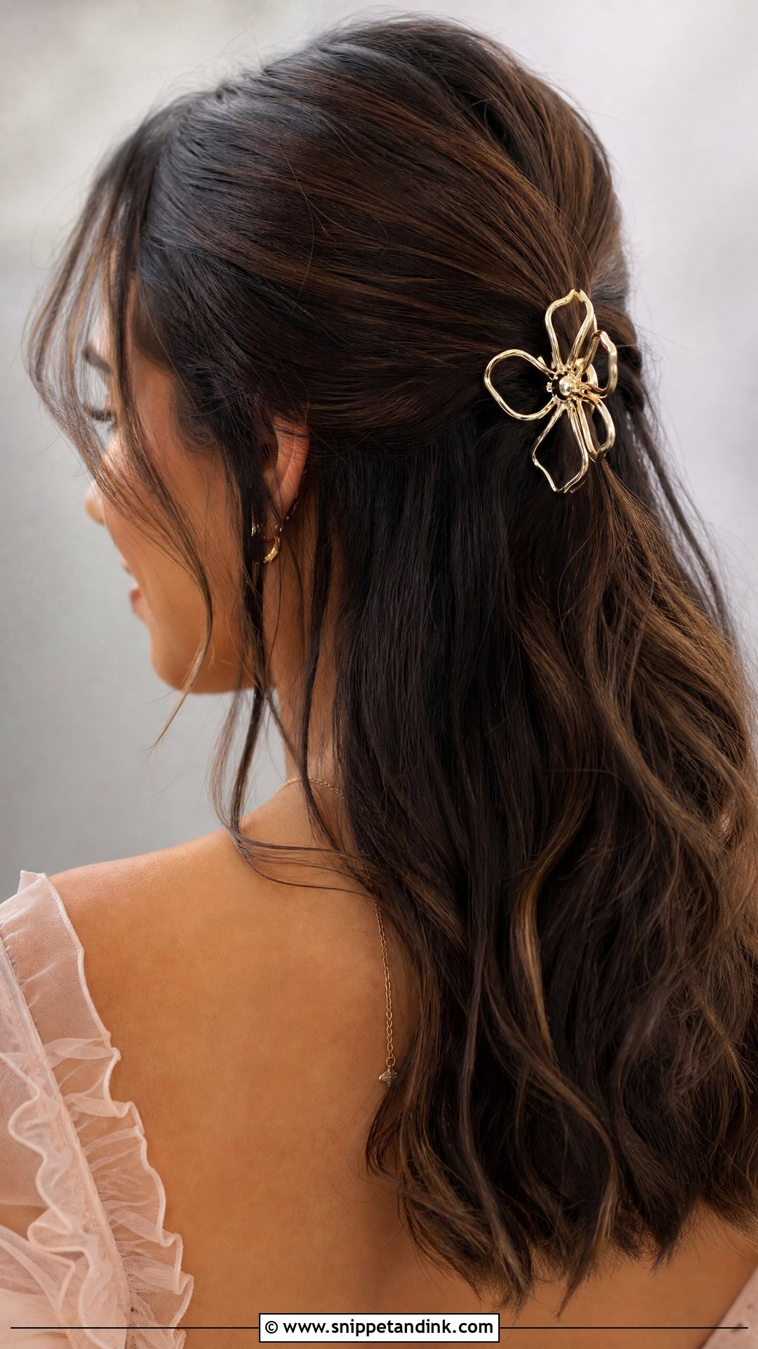 Gold Floral Hair Clip With Half Up Half Down - Snippet and Ink - 20 Wedding Hair Clips Ideas