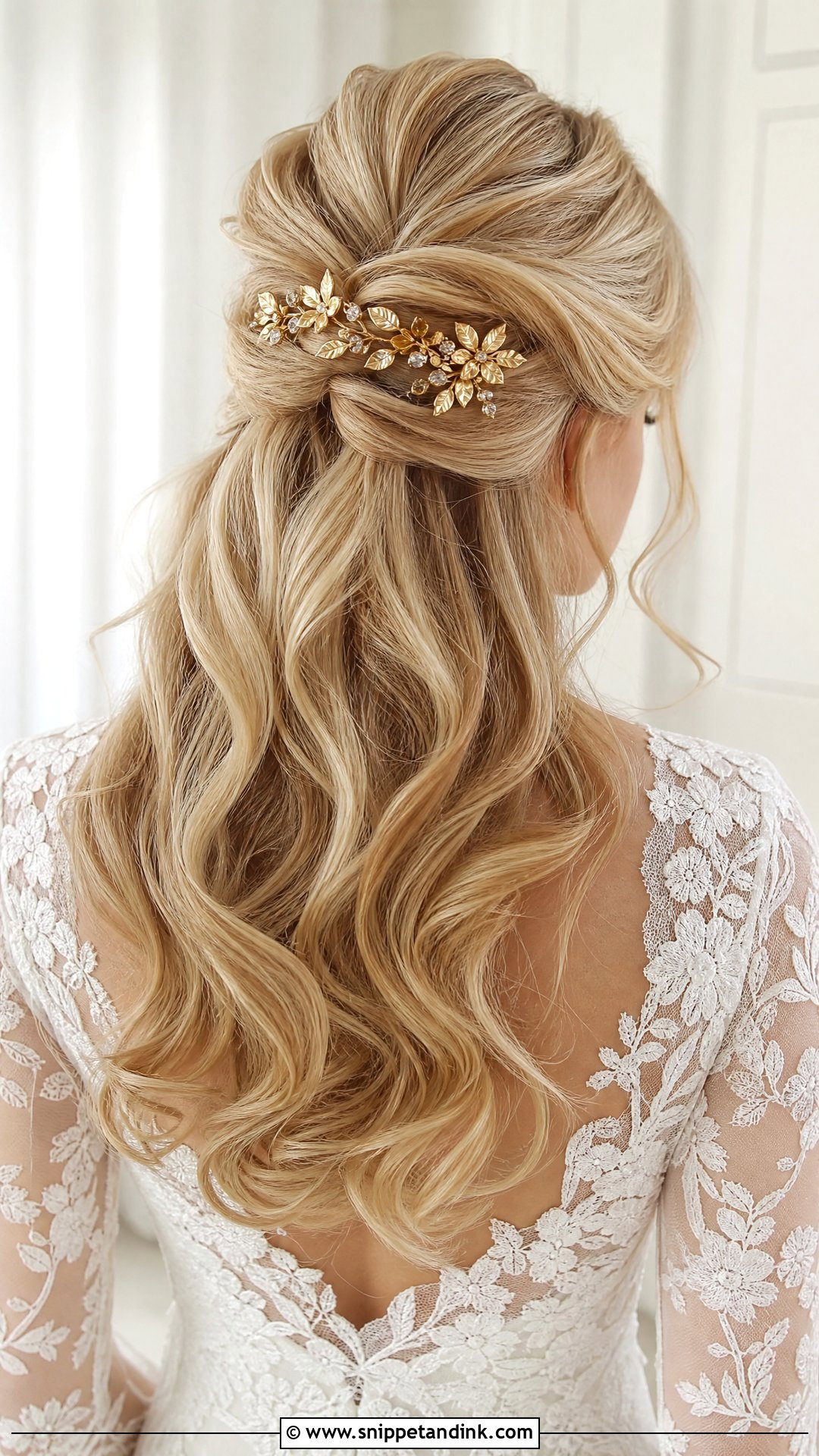 Gold Floral Hair Piece With Half Up Hair - Snippet and Ink - 15 Gold Wedding Hair Piece Ideas