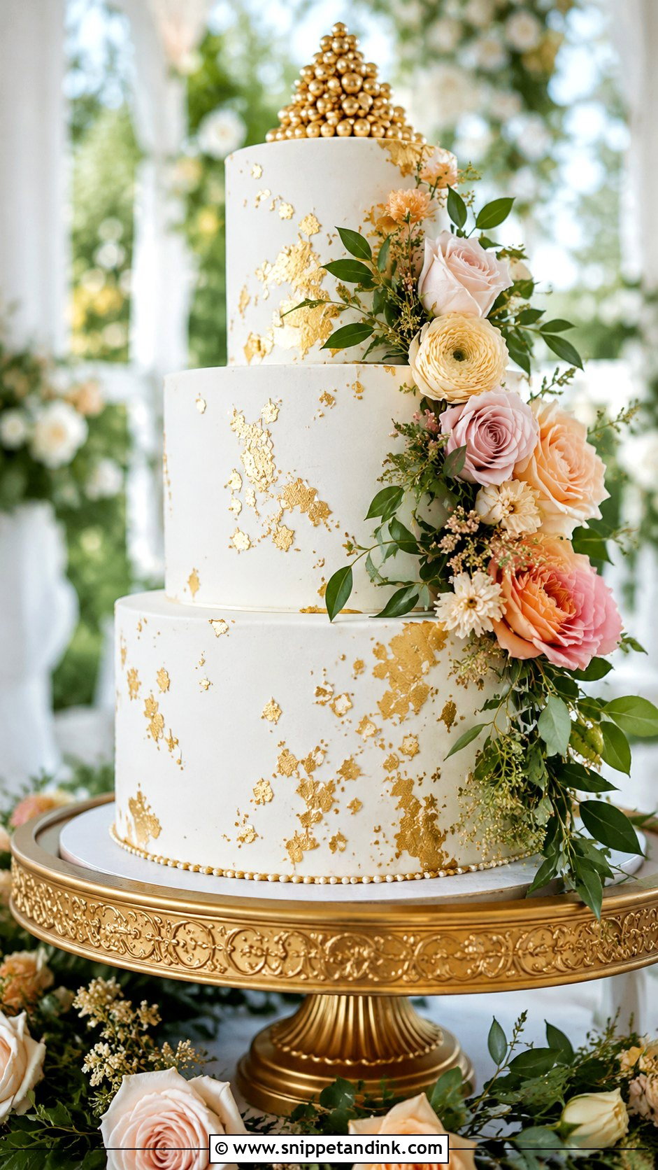 Gold Floral Wedding Cake - Snippet and Ink - 20 Gold Themed Cake Ideas for Wedding
