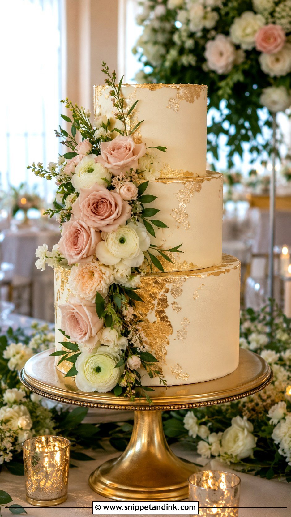 Gold Floral Wedding Cake - Snippet and Ink - 20 Golden Cake Ideas for Wedding