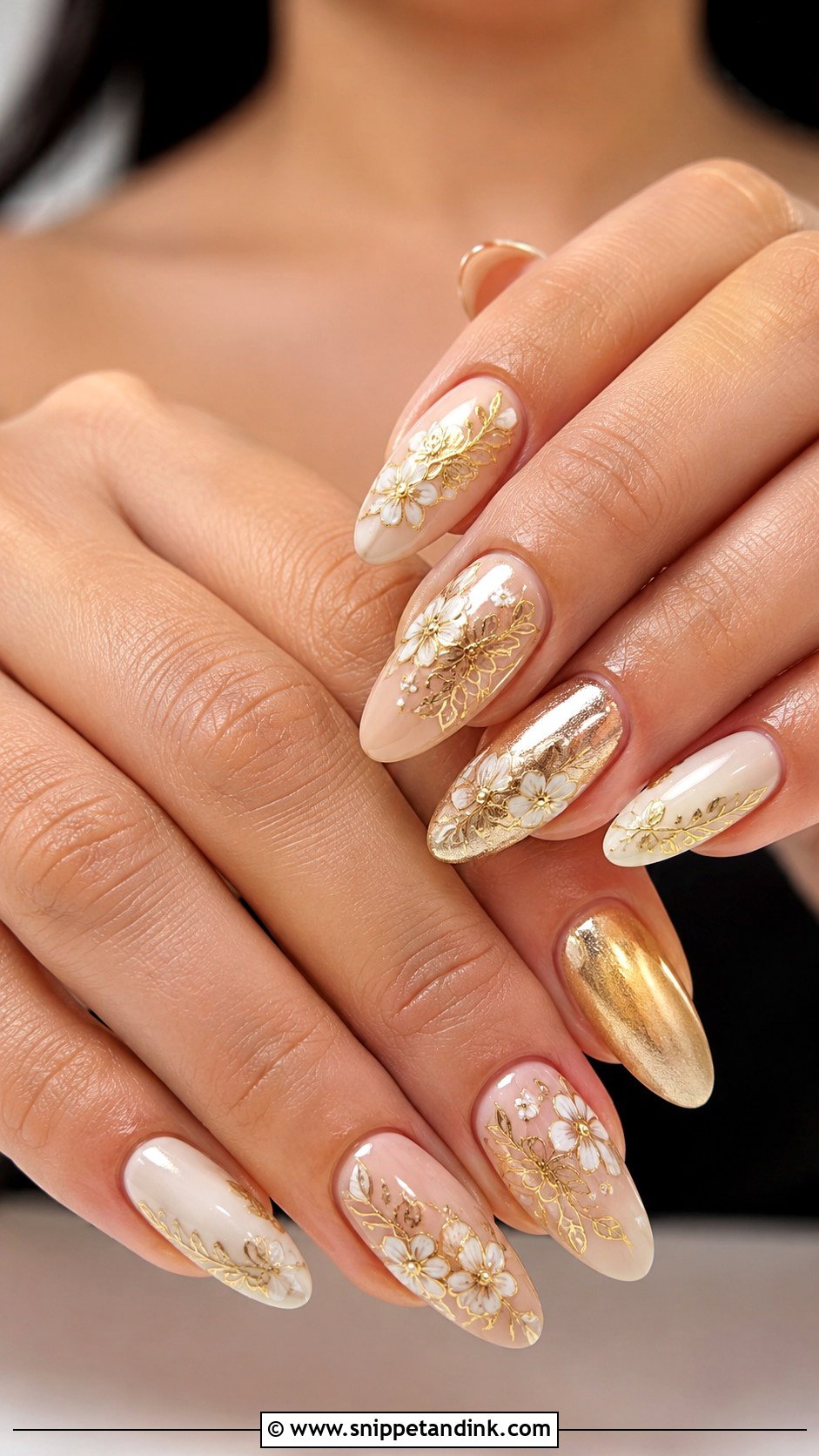 Gold Floral Wedding Nails - Snippet and Ink - 20 Floral Wedding Nails for Bride