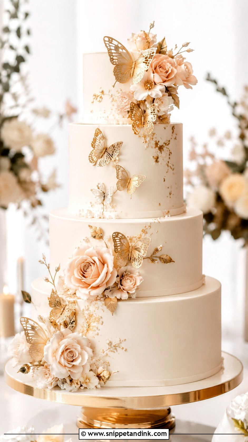 Gold Flower Butterfly Wedding Cake - Snippet and Ink - 20 Flower Butterfly Cake Ideas for Wedding