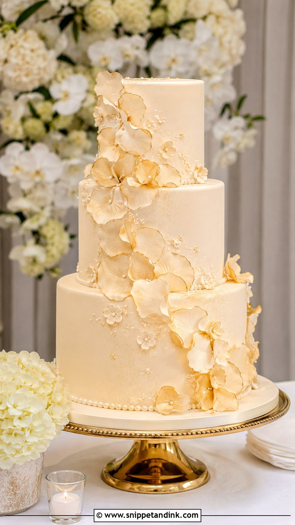 Gold Flower Petal Wedding Cake - Snippet and Ink - 20 Flower Petal Wedding Cake Ideas