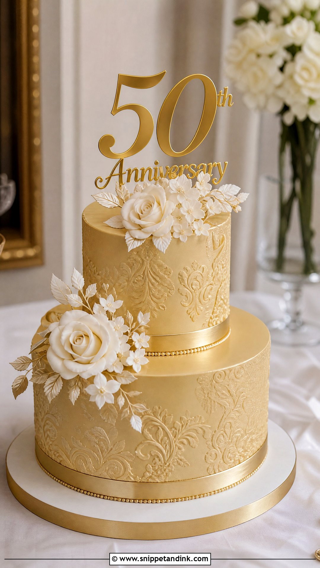 Gold Fondant Anniversary Cake - Snippet and Ink - 25 Golden Wedding Anniversary Cake Ideas