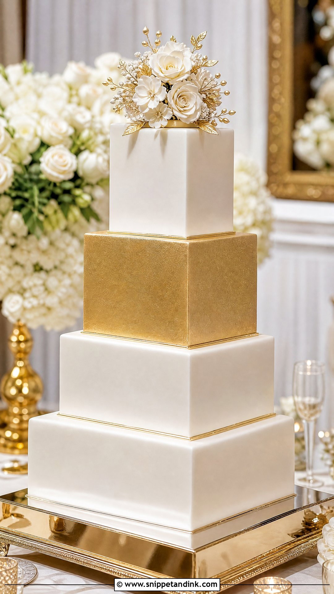 Gold Fondant Wedding Cake - Snippet and Ink - 35 Gold Cake Ideas for Wedding