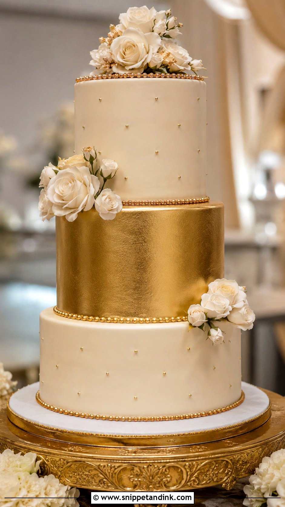 Gold Fondant Wedding Cake - Snippet and Ink - 20 Gold Themed Cake Ideas for Wedding