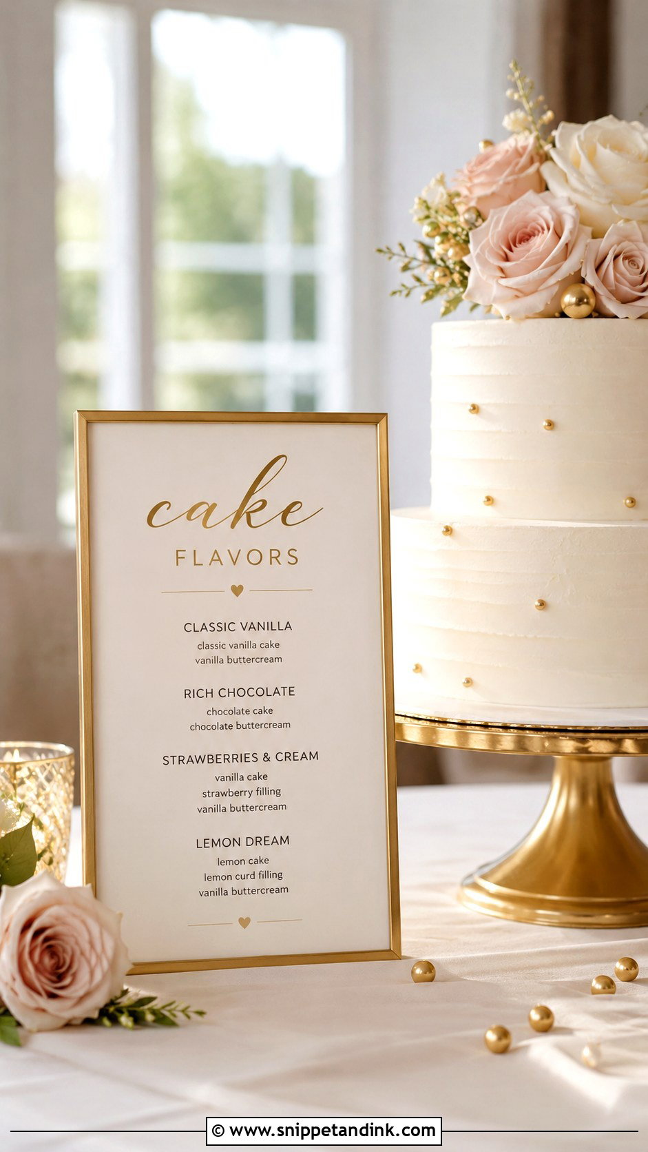 Gold Frame Wedding Cake Flavor Sign - Snippet and Ink - 20 Wedding Cake Flavour Sign Ideas