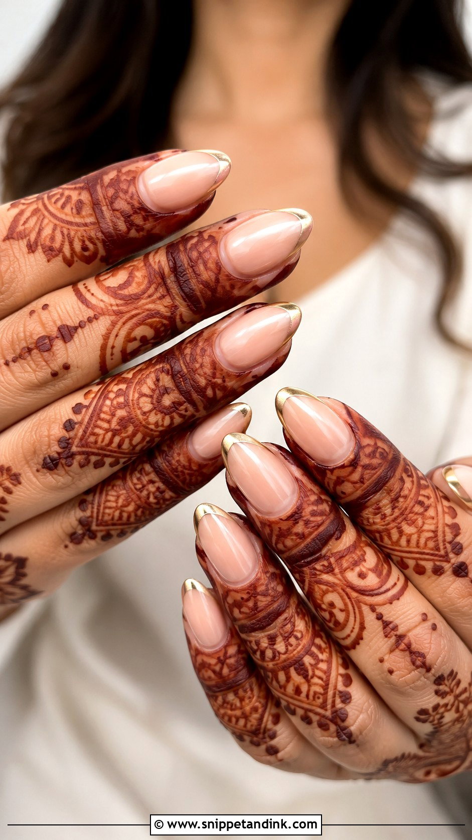 Gold French Bridal Nails With Mehendi - Snippet and Ink - 20 Bridal Nails with Mehendi