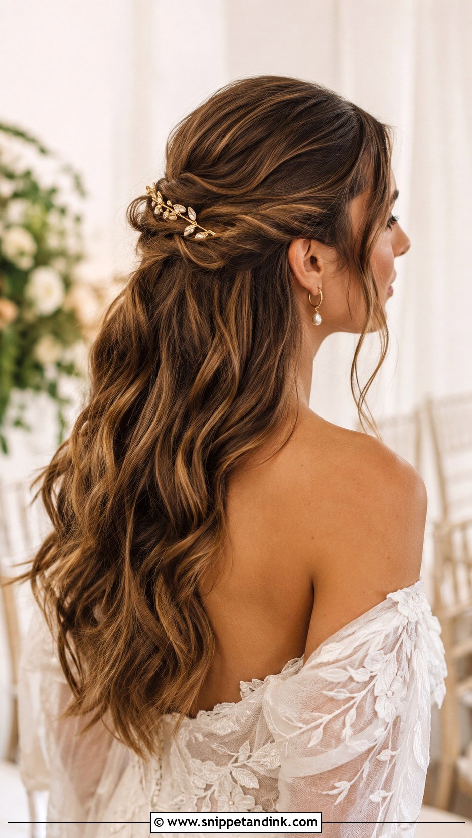 Gold Hair Pins With a Half Up Look - Snippet and Ink - 20 Bridal Hair Pin Ideas