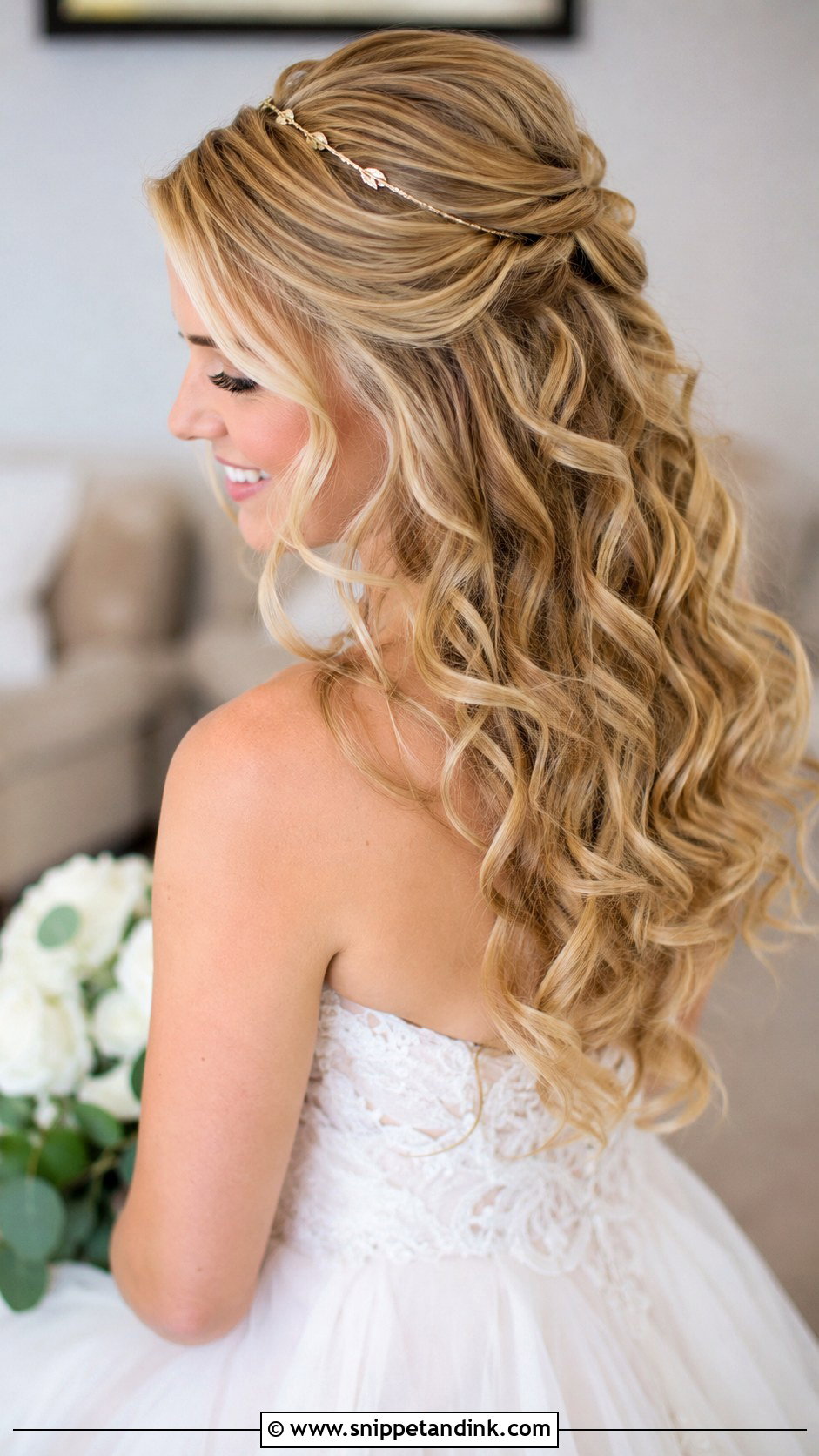 Gold Headband With Half Up Curls - Snippet and Ink - 25 Wedding Hair with Headband Ideas