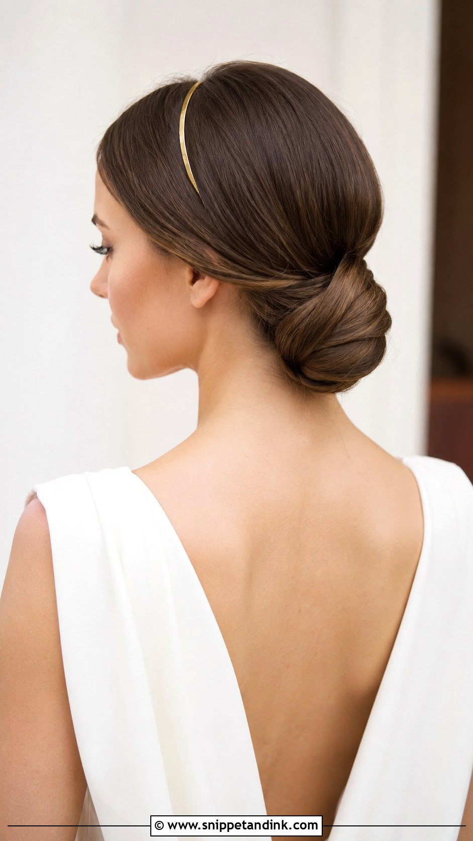 Gold Headband With Low Chignon - Snippet and Ink - 25 Wedding Hair with Headband Ideas