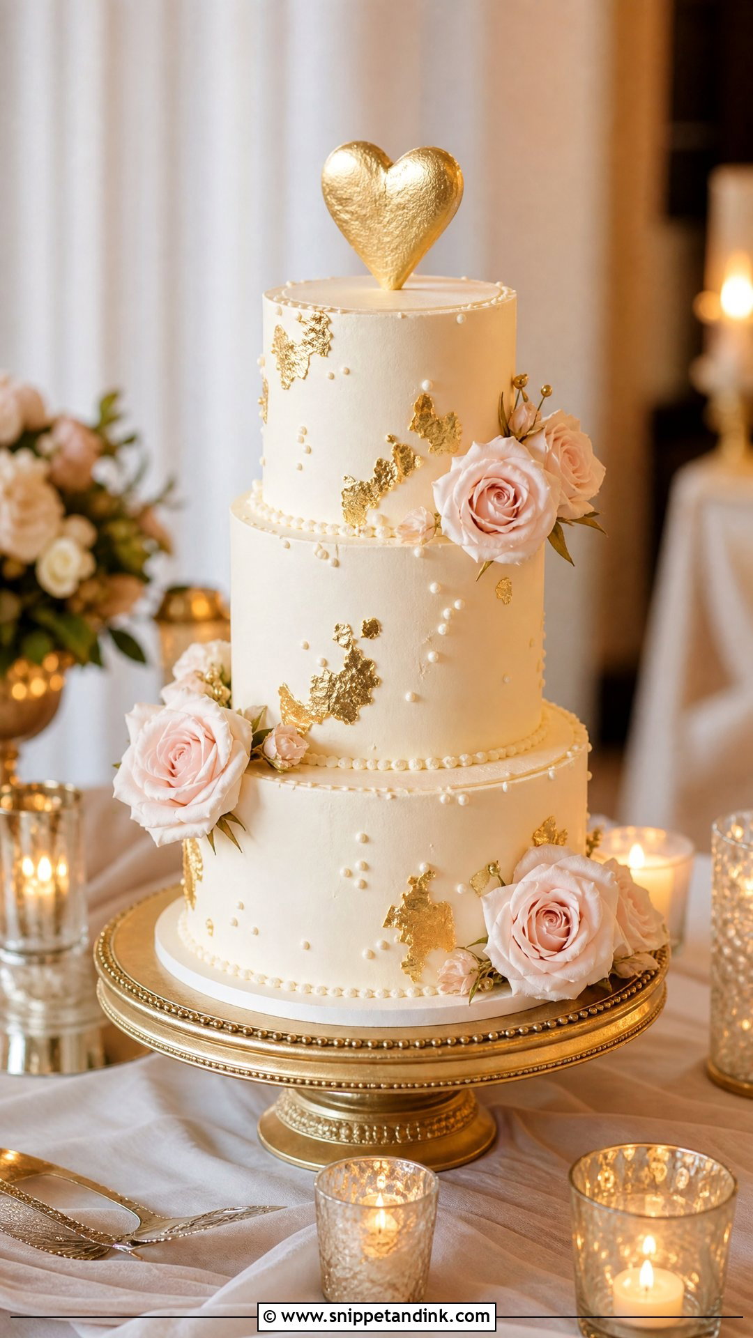 Gold Heart Wedding Cake - Snippet and Ink - 25 Love Theme Cake Ideas for Wedding