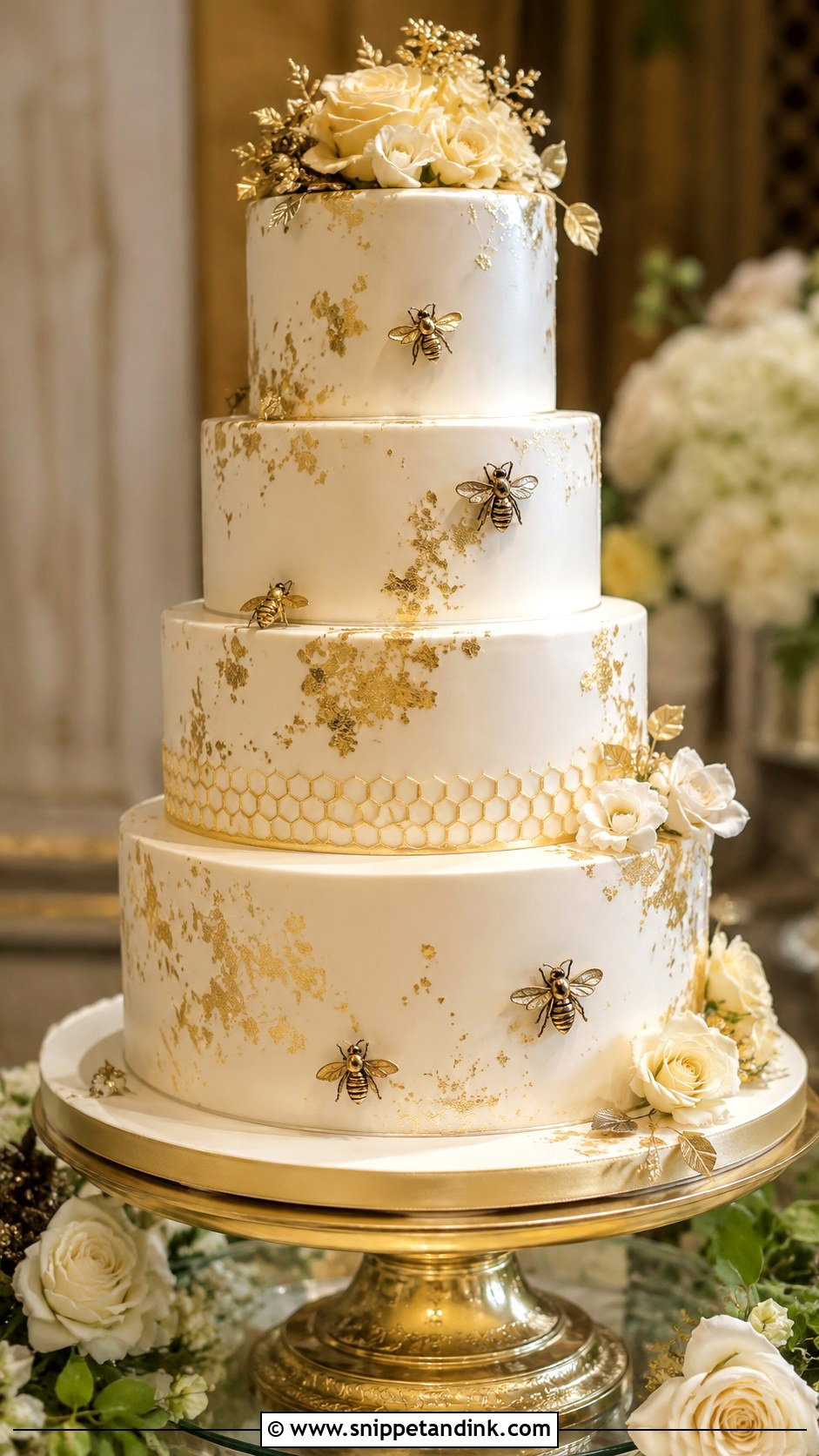 Gold Honey Bee Wedding Cake - Snippet and Ink - 20 Honey Bee Cake Design Ideas for Wedding