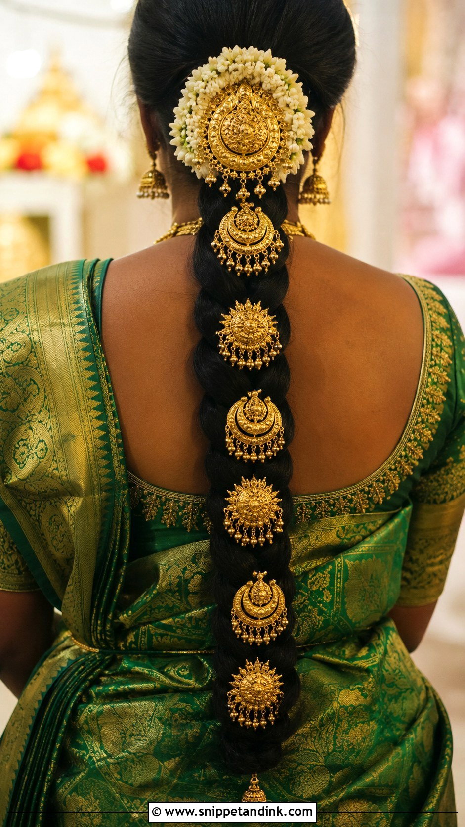 Gold Jada Billalu Embellished Braid - Snippet and Ink - 20 South Indian Bridal Wedding Hairstyles