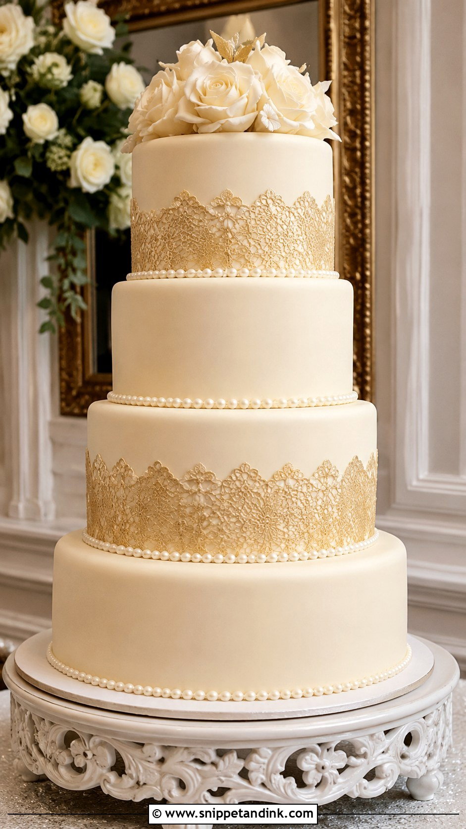 Gold Lace 4 Tier Wedding Cake - Snippet and Ink - 25 Elegant Gold 4 Tier Wedding Cake Ideas
