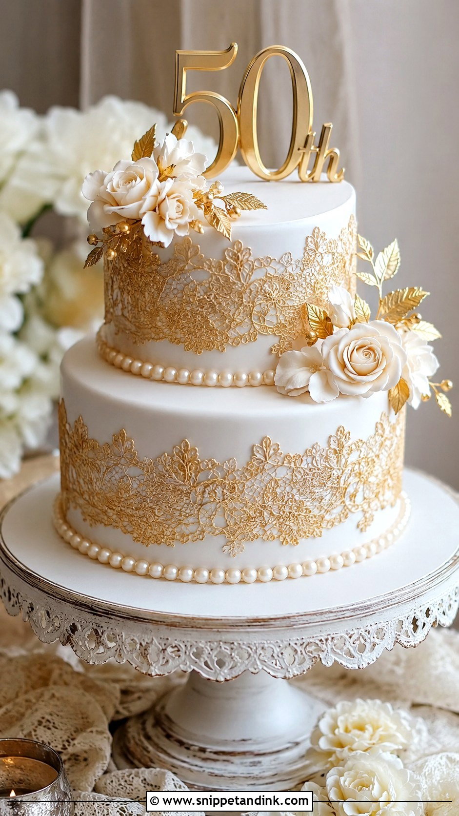 Gold Lace 50th Wedding Anniversary Cake - Snippet and Ink - 20 Gold 50th Wedding Anniversary Cakes