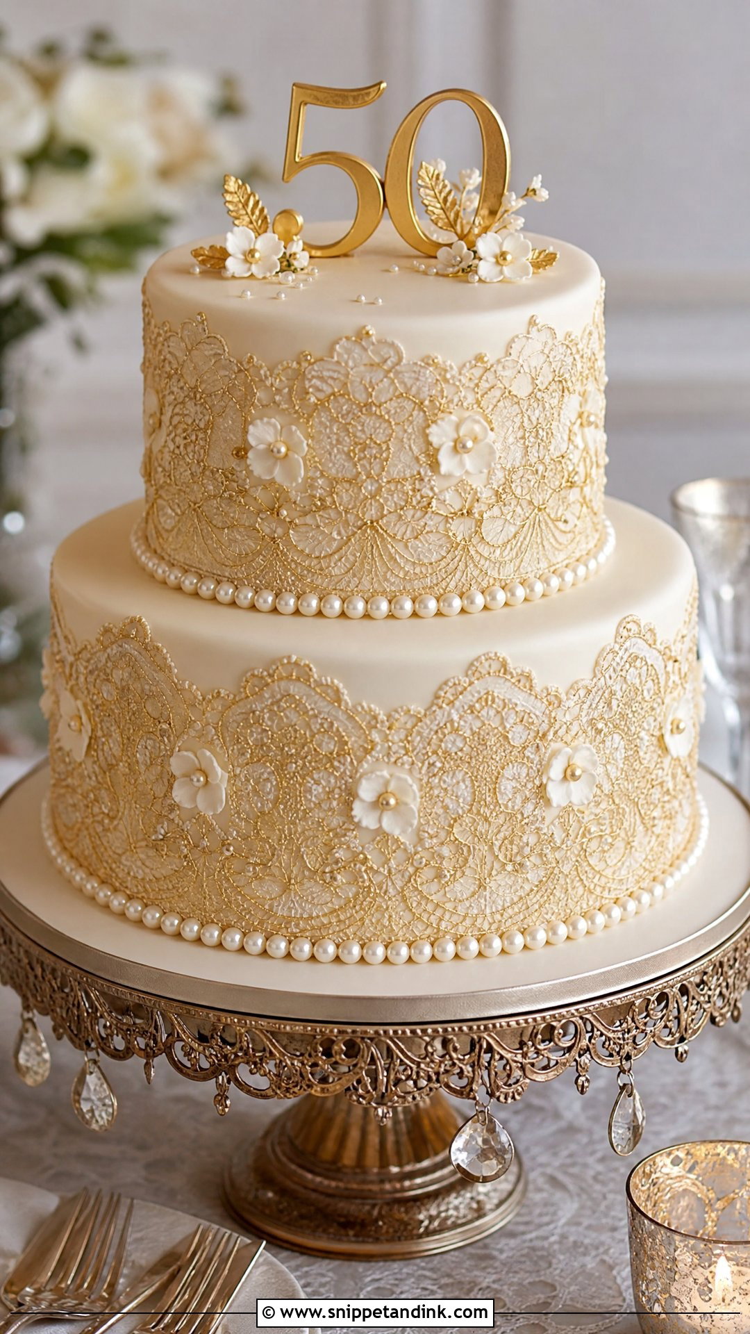 Gold Lace Anniversary Cake - Snippet and Ink - 25 Golden Wedding Anniversary Cake Ideas