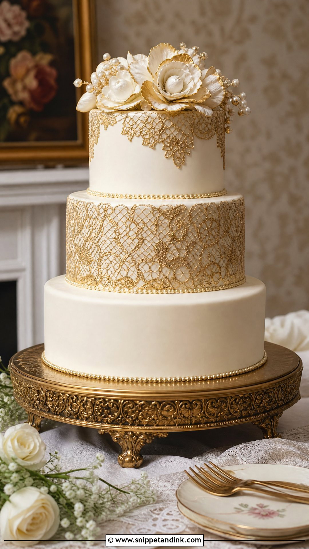 Gold Lace Wedding Cake - Snippet and Ink - 35 Gold Cake Ideas for Wedding