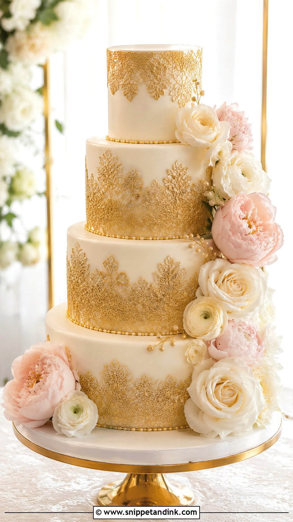 Gold Lace Wedding Cake With Flowers - Snippet and Ink - 25 Lace Wedding Cake Ideas with Flowers