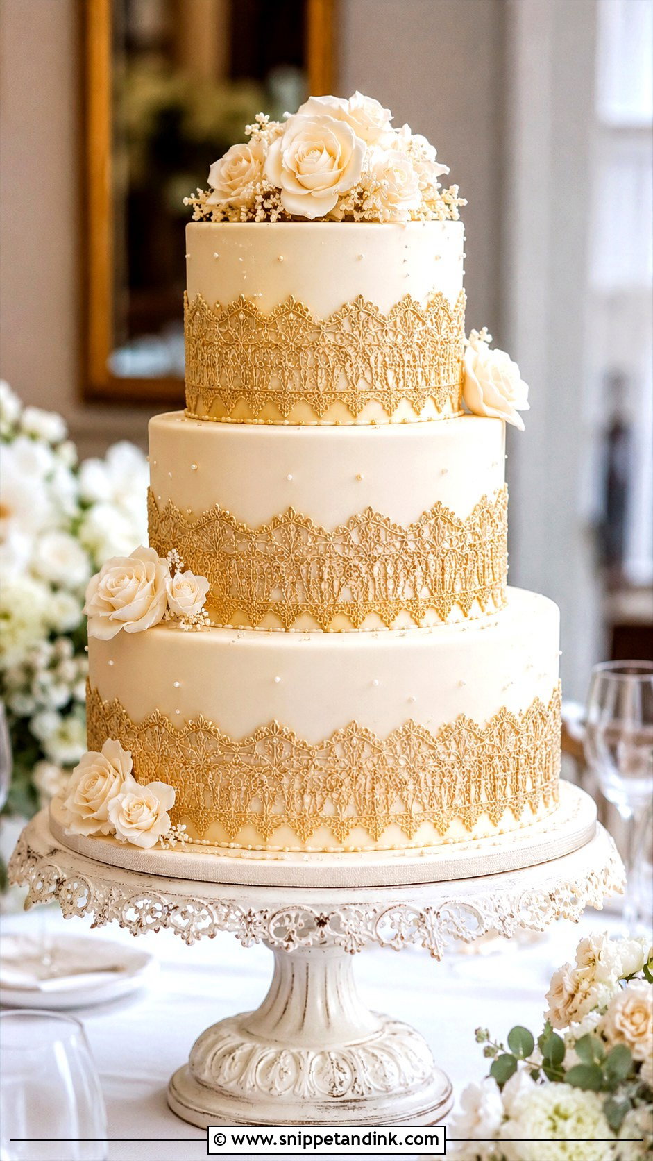 Gold Lace Wedding Cake - Snippet and Ink - 20 Cake Ideas with Gold for Wedding