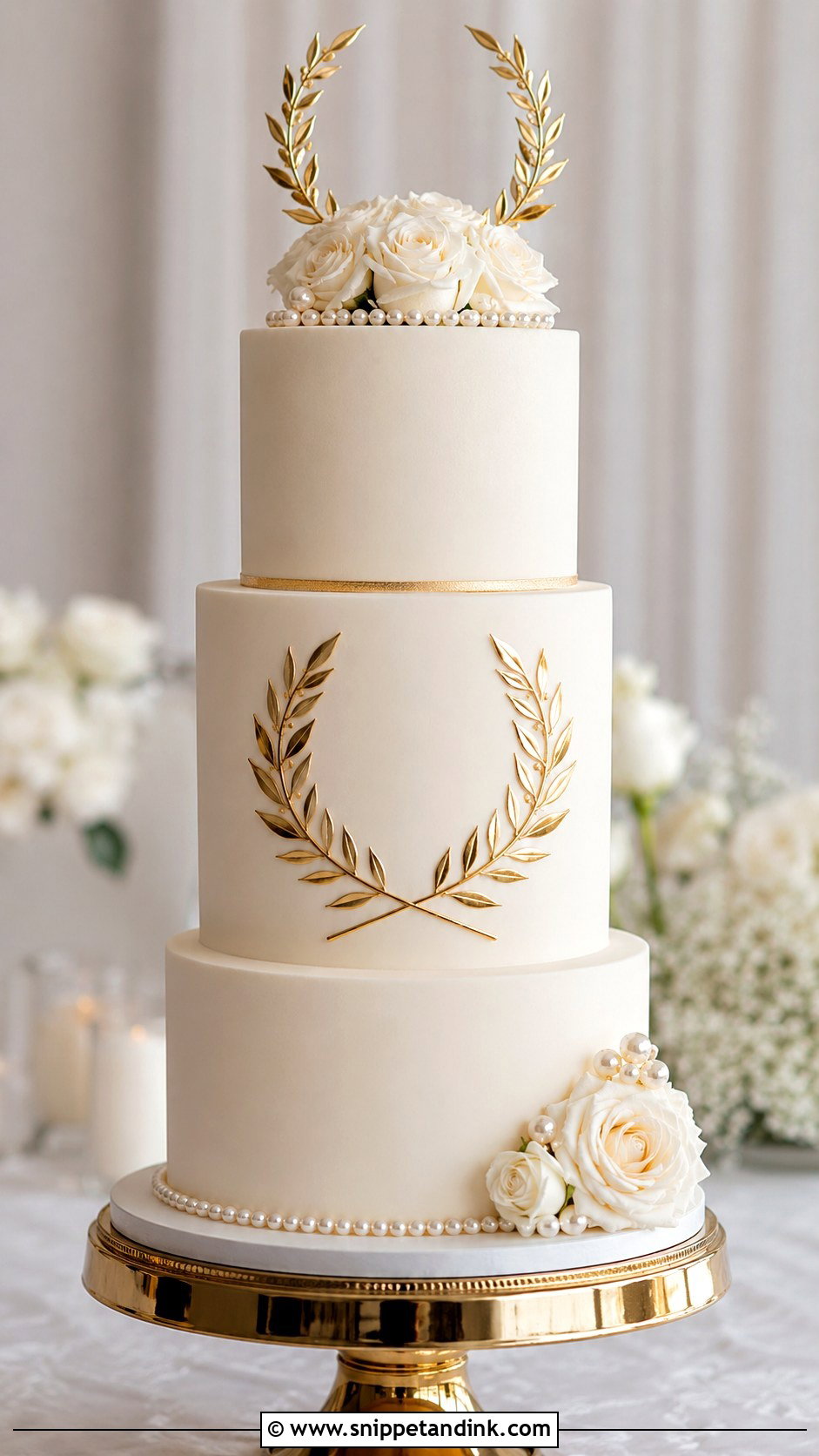 Gold Laurel Wedding Cake - Snippet and Ink - 20 Greek Theme Cake Ideas for Wedding