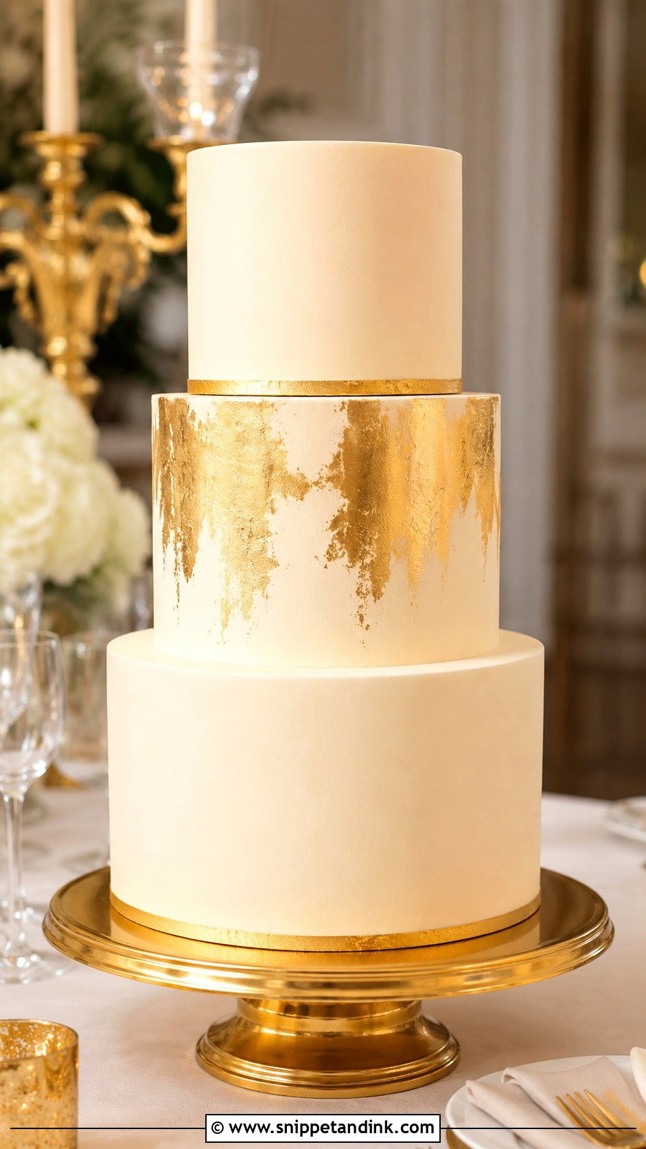 Gold Leaf 3 Tier Wedding Cake No Flowers - Snippet and Ink - 20 3 Tier Wedding Cake No Flowers