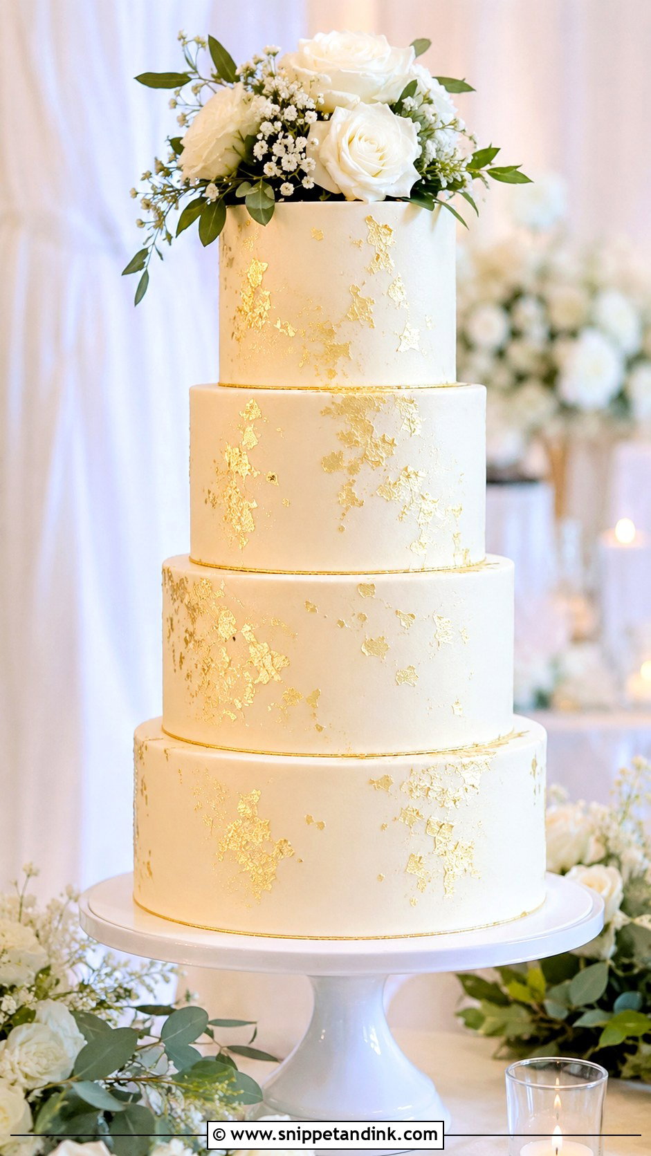 Gold Leaf 4 Tier Wedding Cake - Snippet and Ink - 25 Elegant Gold 4 Tier Wedding Cake Ideas