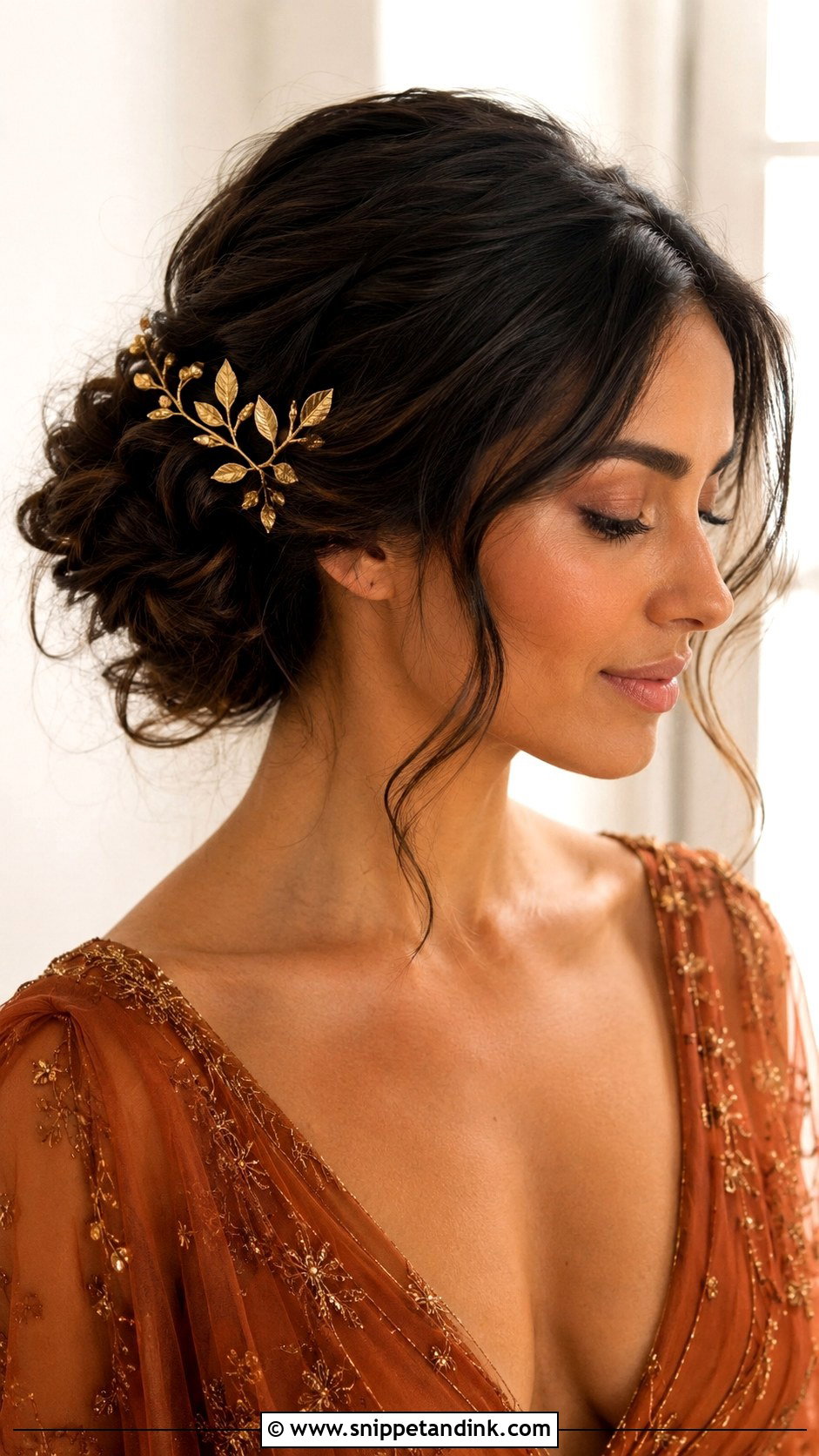 Gold Leaf Comb With Side Bun - Snippet and Ink - 20 Bridal Hair Comb Ideas