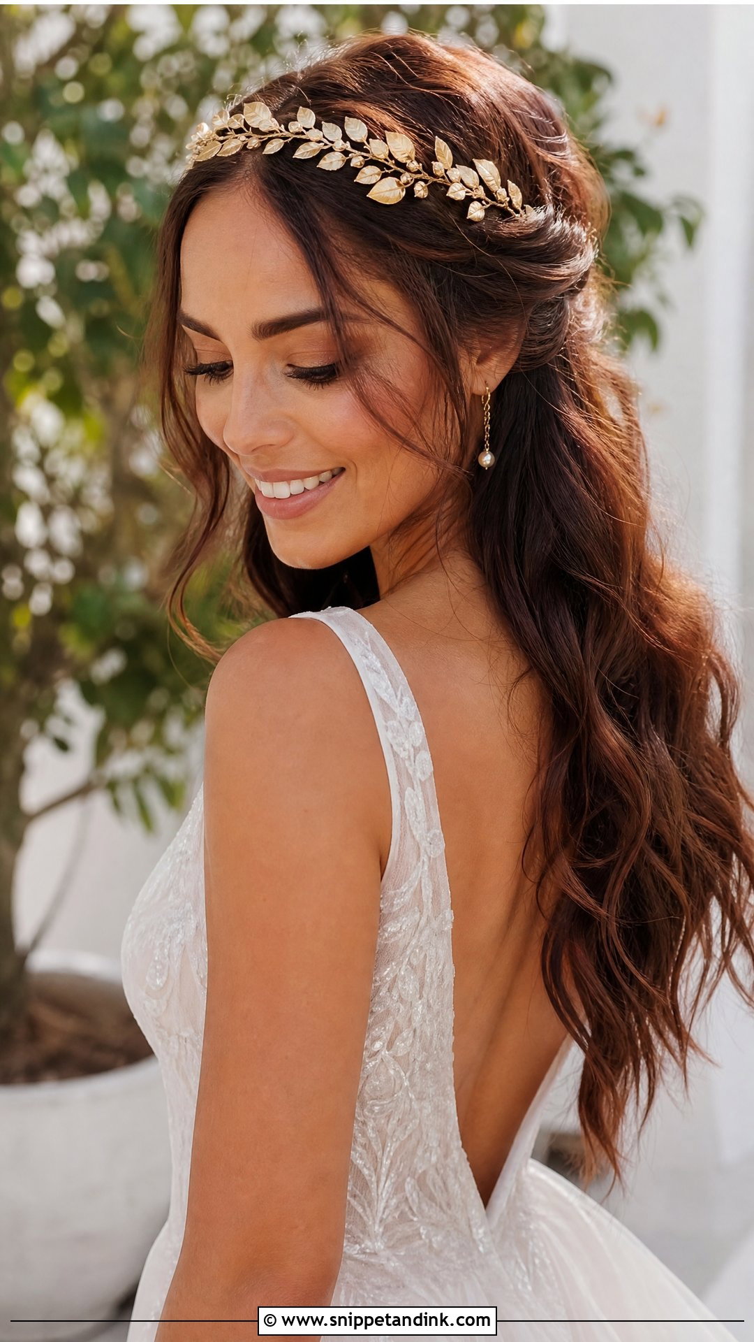 Gold Leaf Crown With Half Up Hair - Snippet and Ink - 15 Gold Hair Accessories Wedding Ideas