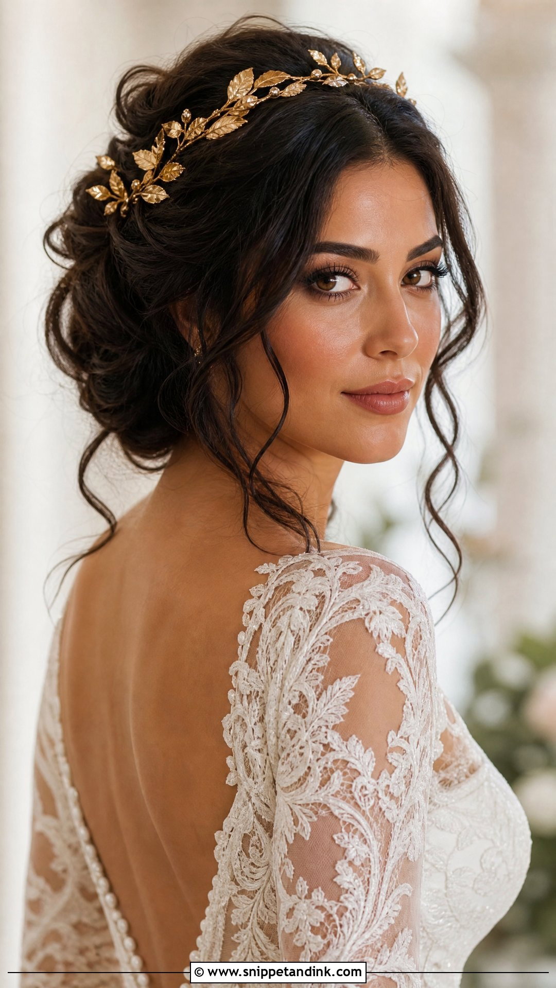 Gold Leaf Crown With Textured Updo - Snippet and Ink - 15 Bride Hair Crown Ideas