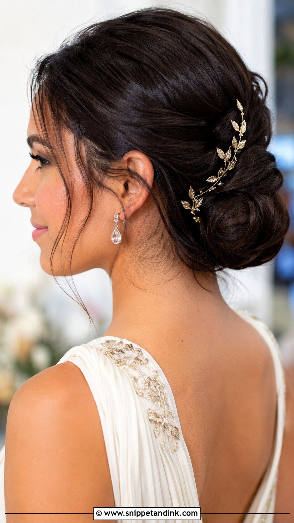 Gold Leaf Hair Pins With a Chignon - Snippet and Ink - 20 Bridal Hair Pin Ideas