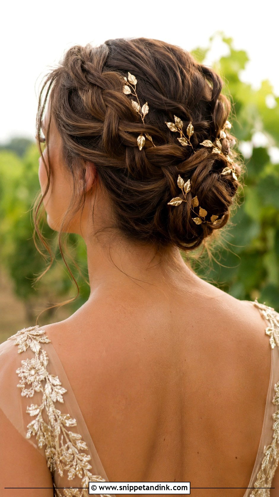 Gold Leaf Hair Vine With Braided Updo - Snippet and Ink - 20 Bridal Hair Vine Ideas