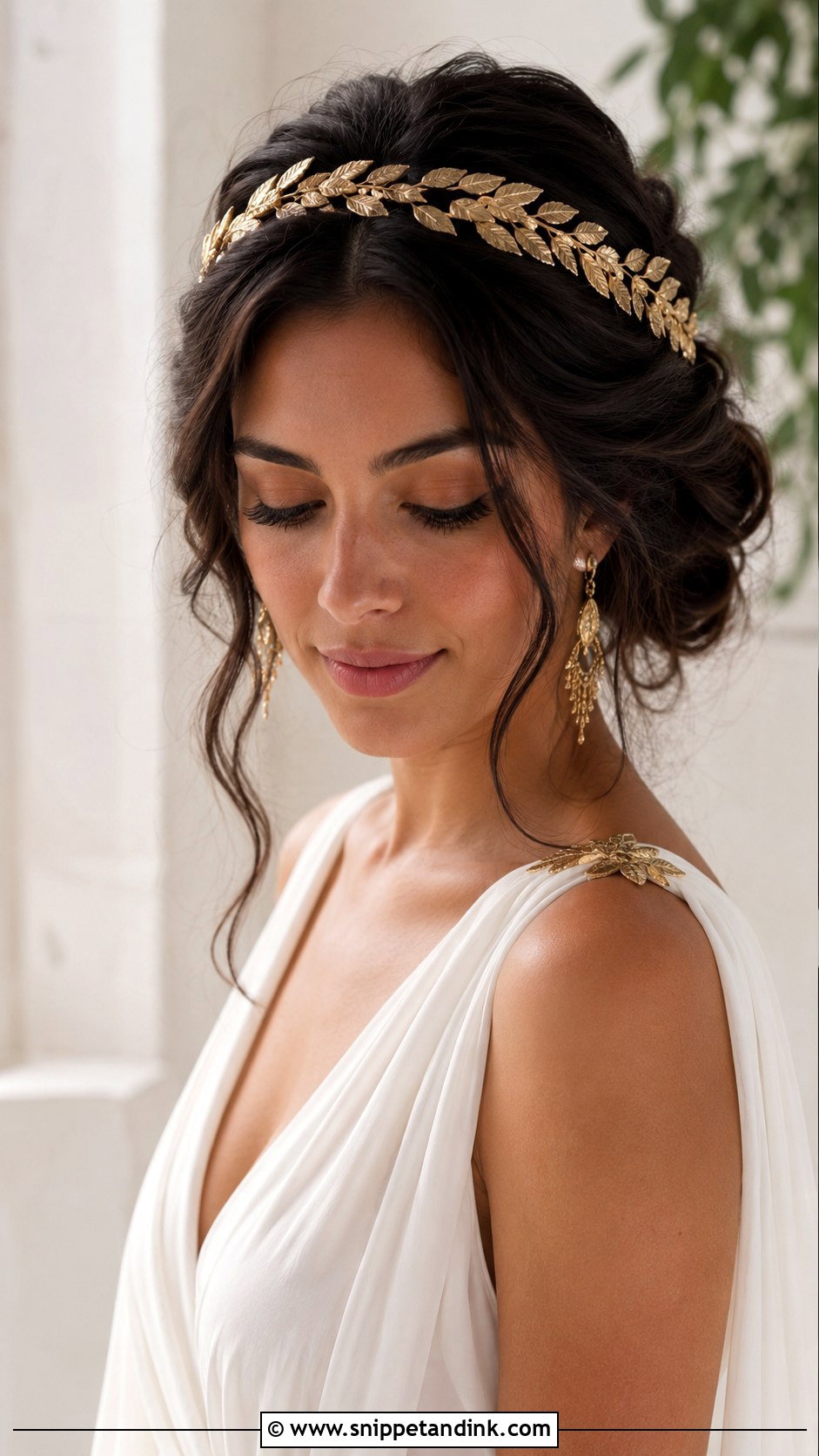 Gold Leaf Headband With Grecian Updo - Snippet and Ink - 25 Wedding Hair with Headband Ideas