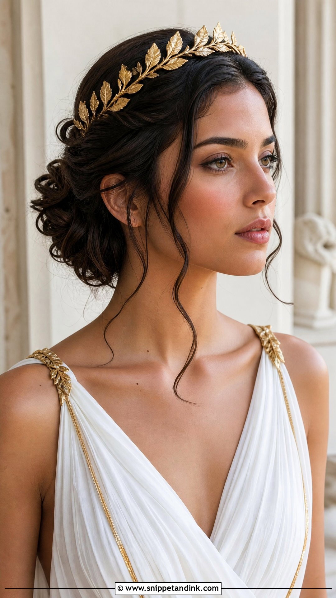 Gold Leaf Headband With Grecian Updo - Snippet and Ink - 20 Bridal Hair Headband Ideas
