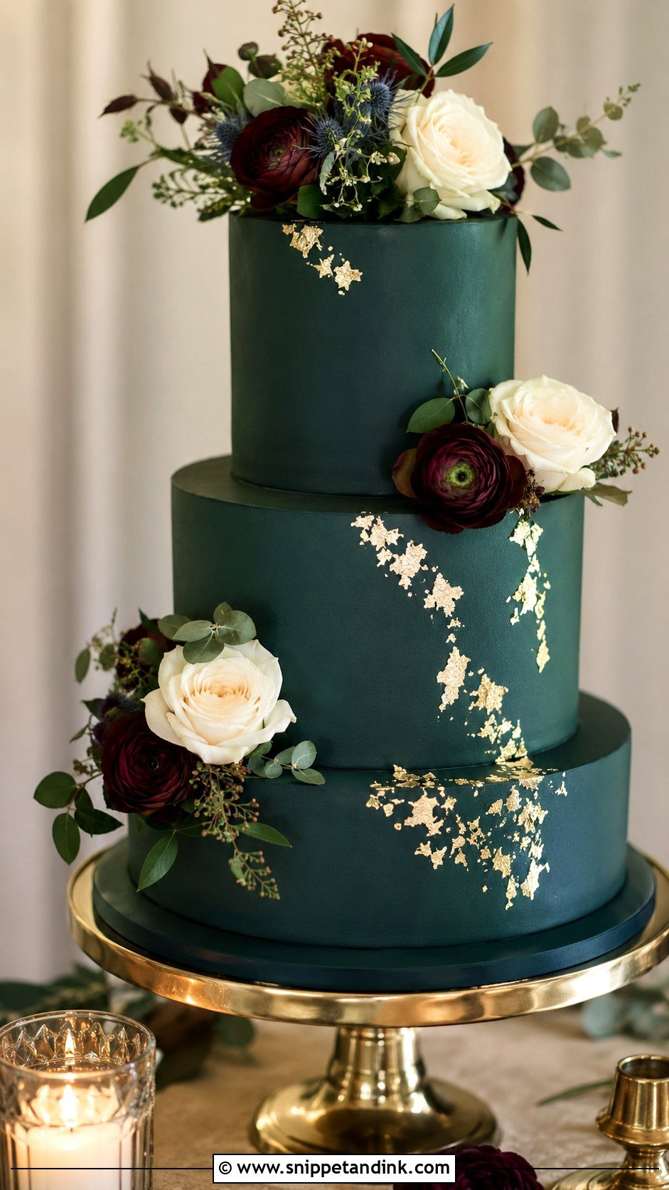 Gold Leaf Jewel Tone Wedding Cake - Snippet and Ink - 20 Moody Jewel Tone Wedding Cake Ideas