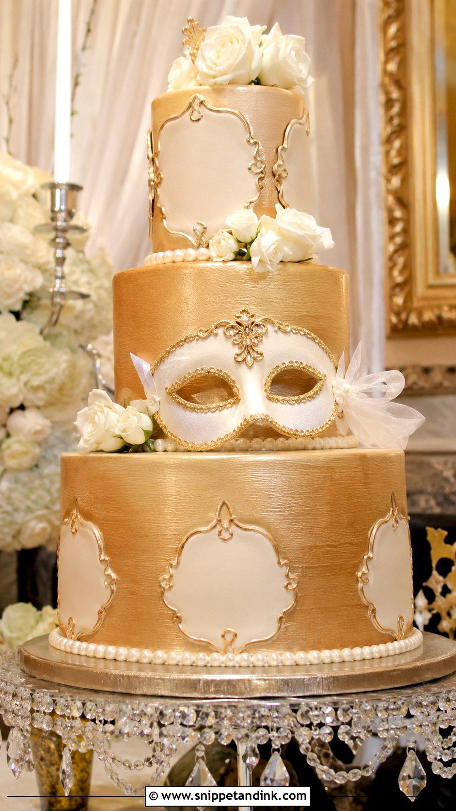 Gold Masquerade Wedding Cake - Snippet and Ink - 20 Masquerade Wedding Cake Ideas