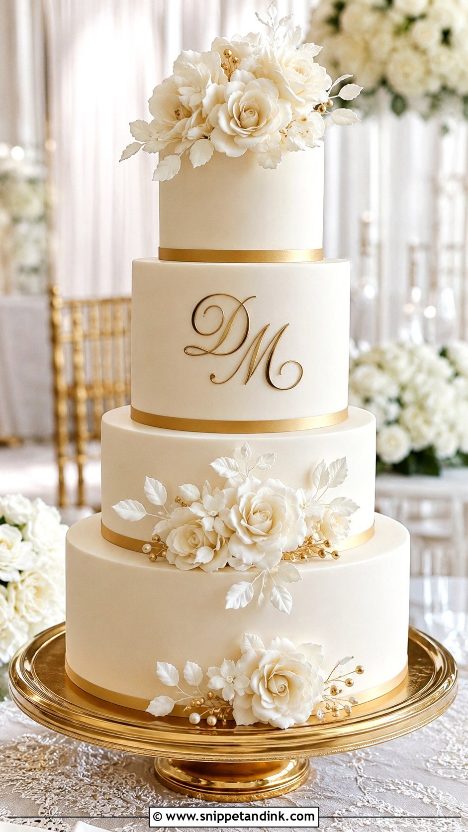 Gold Monogram 4 Tier Wedding Cake - Snippet and Ink - 25 Elegant Gold 4 Tier Wedding Cake Ideas