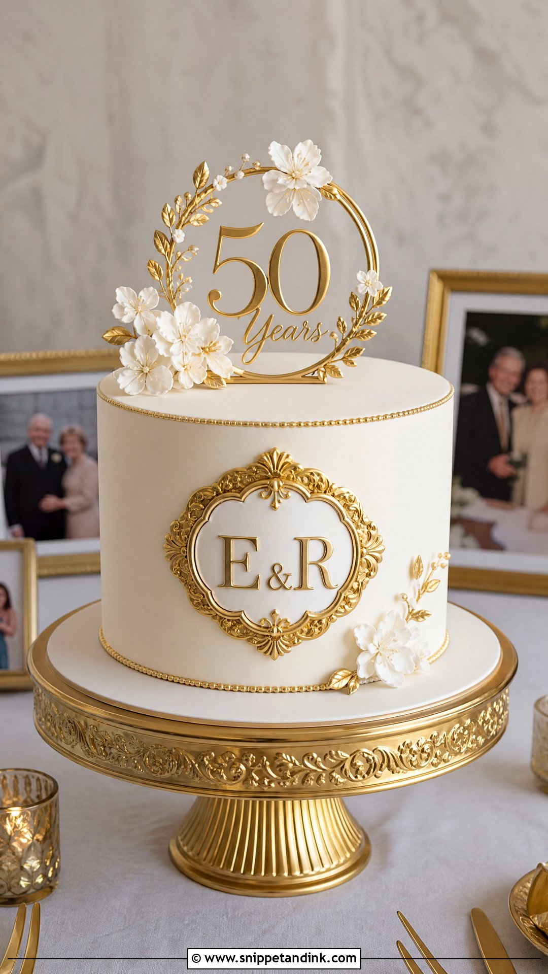 Gold Monogram Anniversary Cake - Snippet and Ink - 25 Golden Wedding Anniversary Cake Ideas