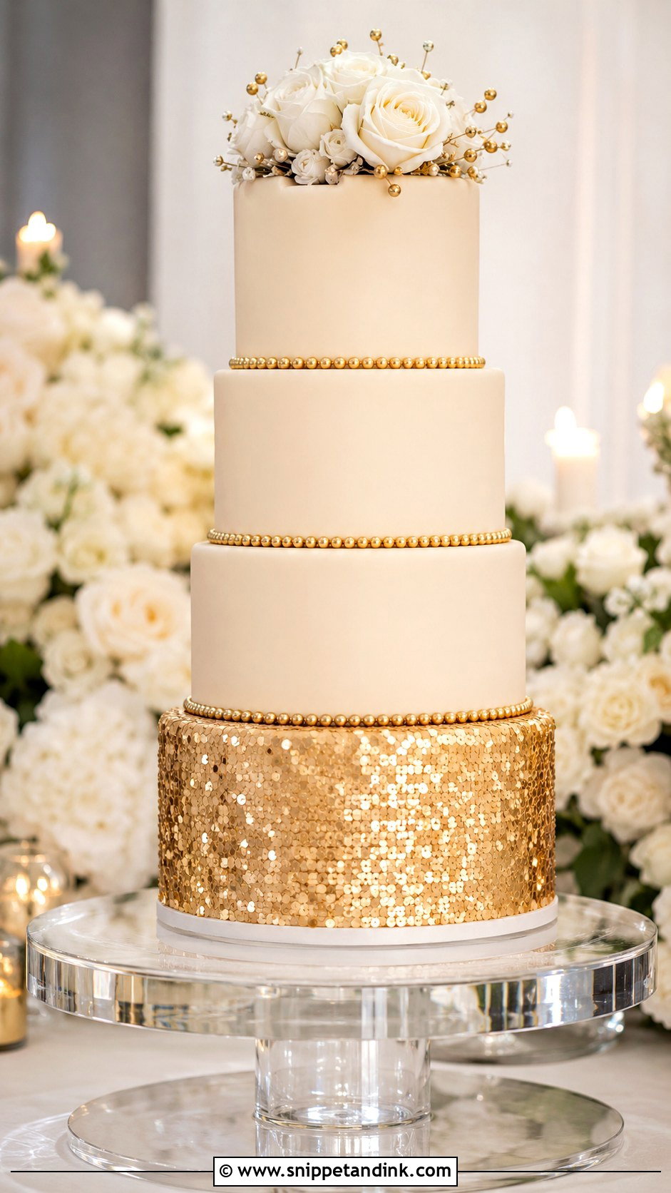 Gold Pearl 4 Tier Wedding Cake - Snippet and Ink - 25 Elegant Gold 4 Tier Wedding Cake Ideas