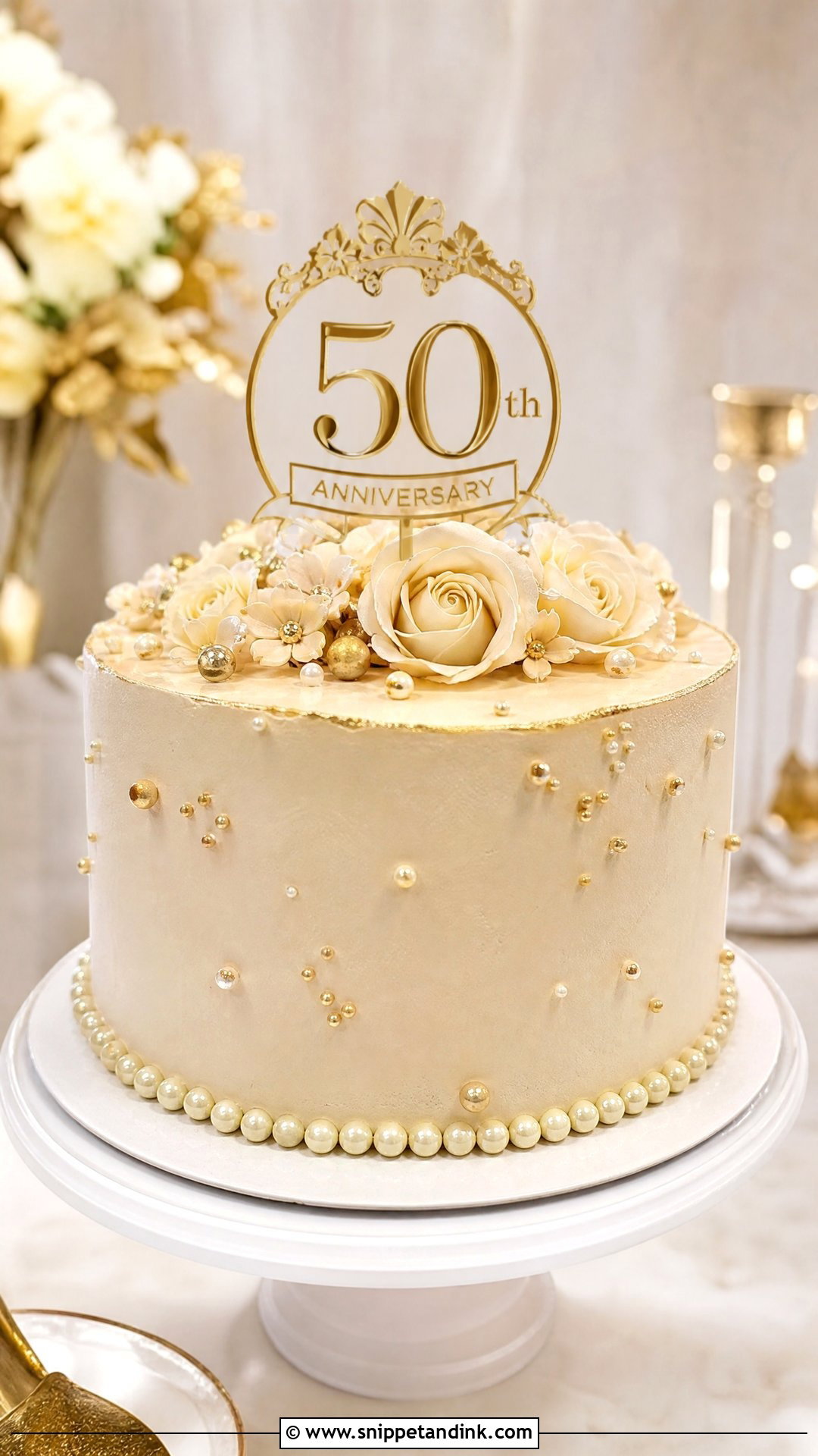 Gold Pearl Anniversary Cake - Snippet and Ink - 25 Golden Wedding Anniversary Cake Ideas