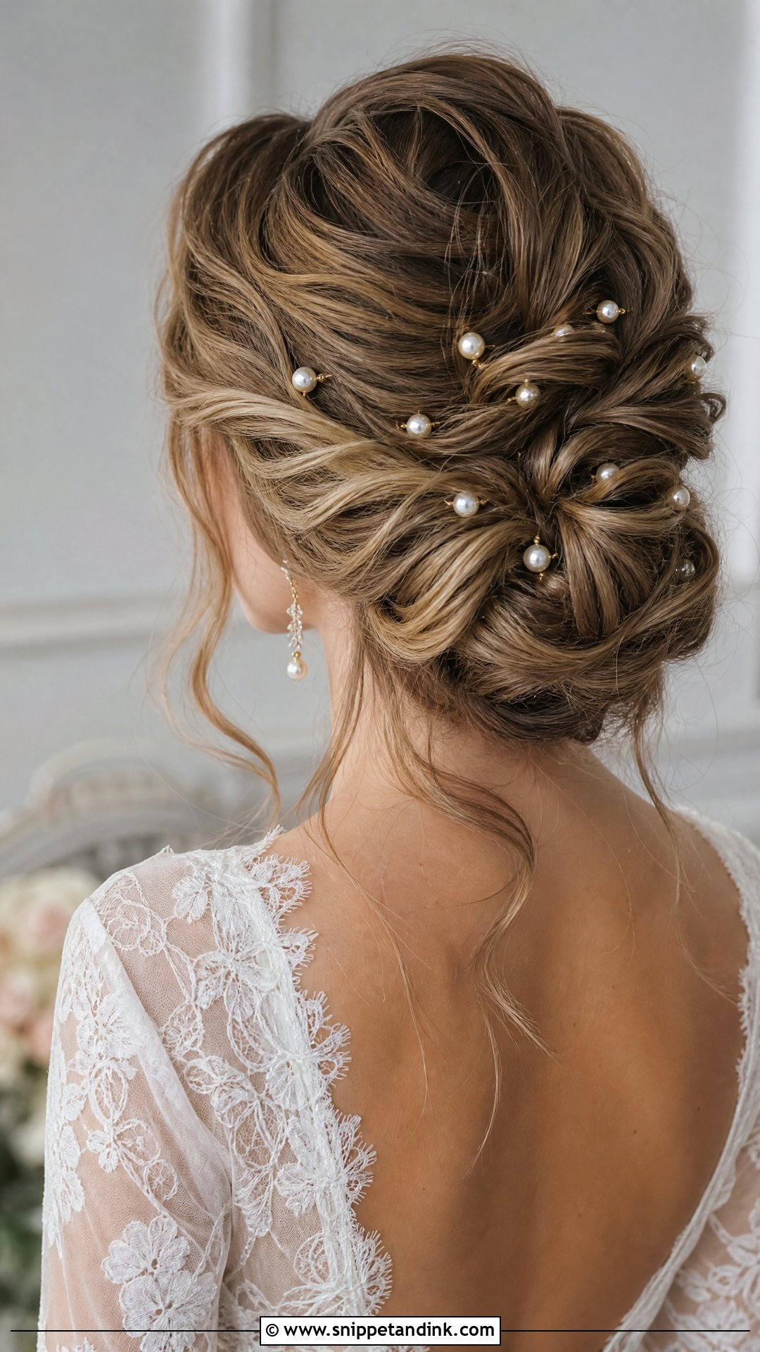 Gold Pearl Hair Pins With Textured Updo - Snippet and Ink - 15 Gold Wedding Hair Piece Ideas