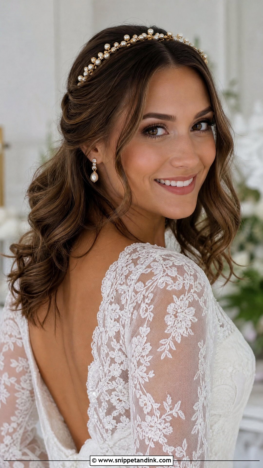 Gold Pearl Headband With Soft Curls - Snippet and Ink - 15 Gold Hair Accessories Wedding Ideas