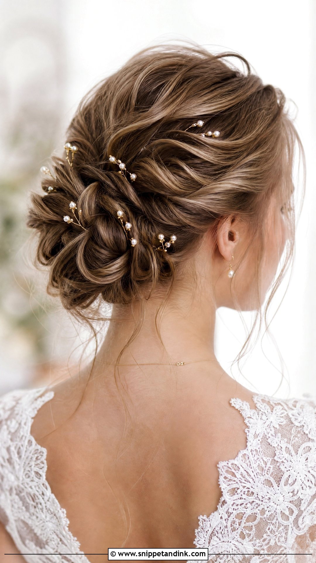 Gold Pearl Pins With Textured Updo - Snippet and Ink - 15 Gold Hair Accessories Wedding Ideas