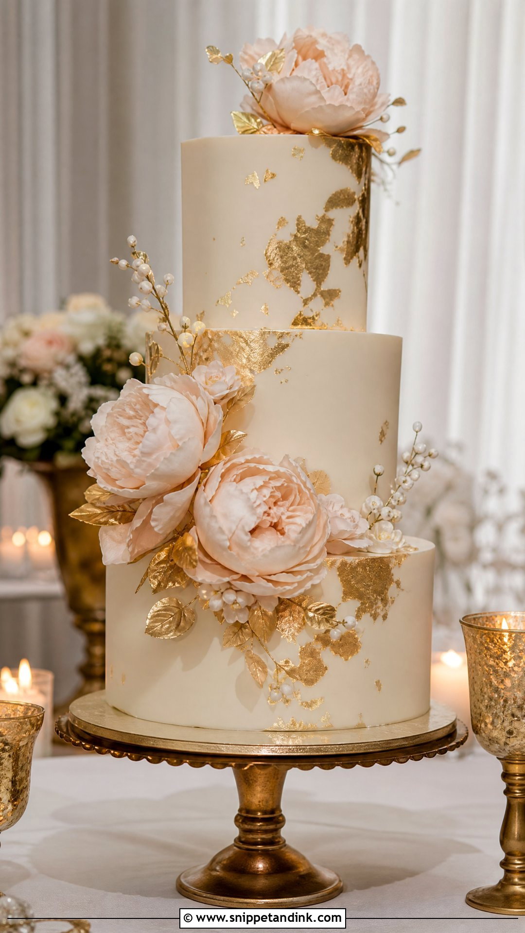 Gold Peony Wedding Cake - Snippet and Ink - 25 Peony Cake Ideas for Wedding