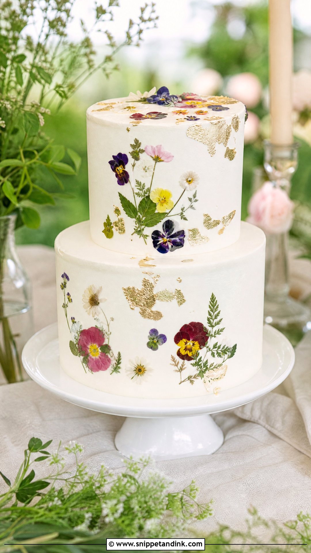 Gold Pressed Flower Wedding Cake - Snippet and Ink - 35 Gold Cake Ideas for Wedding