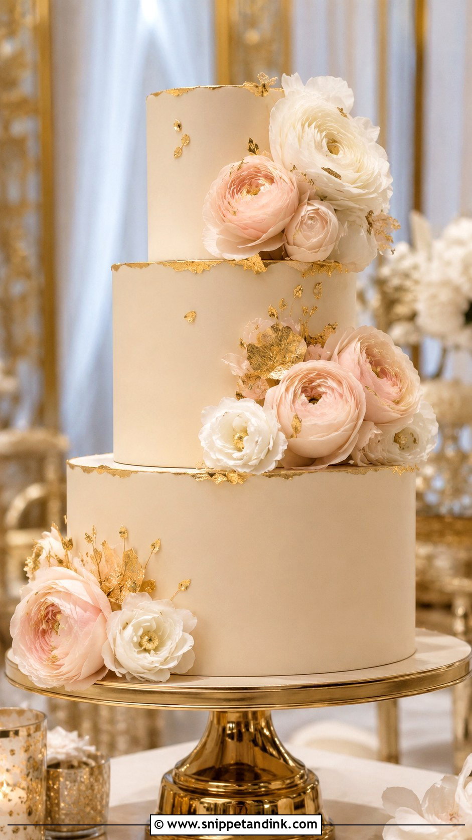 Gold Ranunculus Wedding Cake - Snippet and Ink - 25 Wedding Cake Ideas with Ranunculus